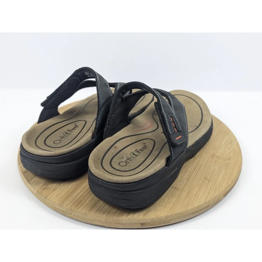 Orthofeet Sandals Mens 11.5 D Black Leather Adjustable Slip On Outdoor Vacation